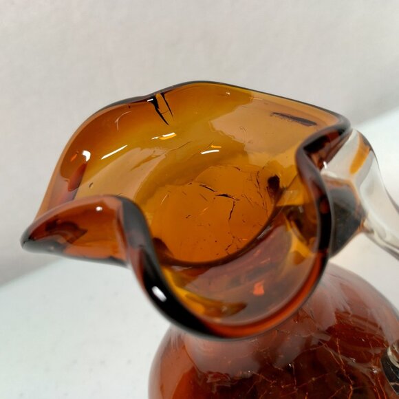 Crackle Glass Pitcher Brown Small Clear Handle Vase Collectible Art 3.75" Tall - Picture 11 of 15